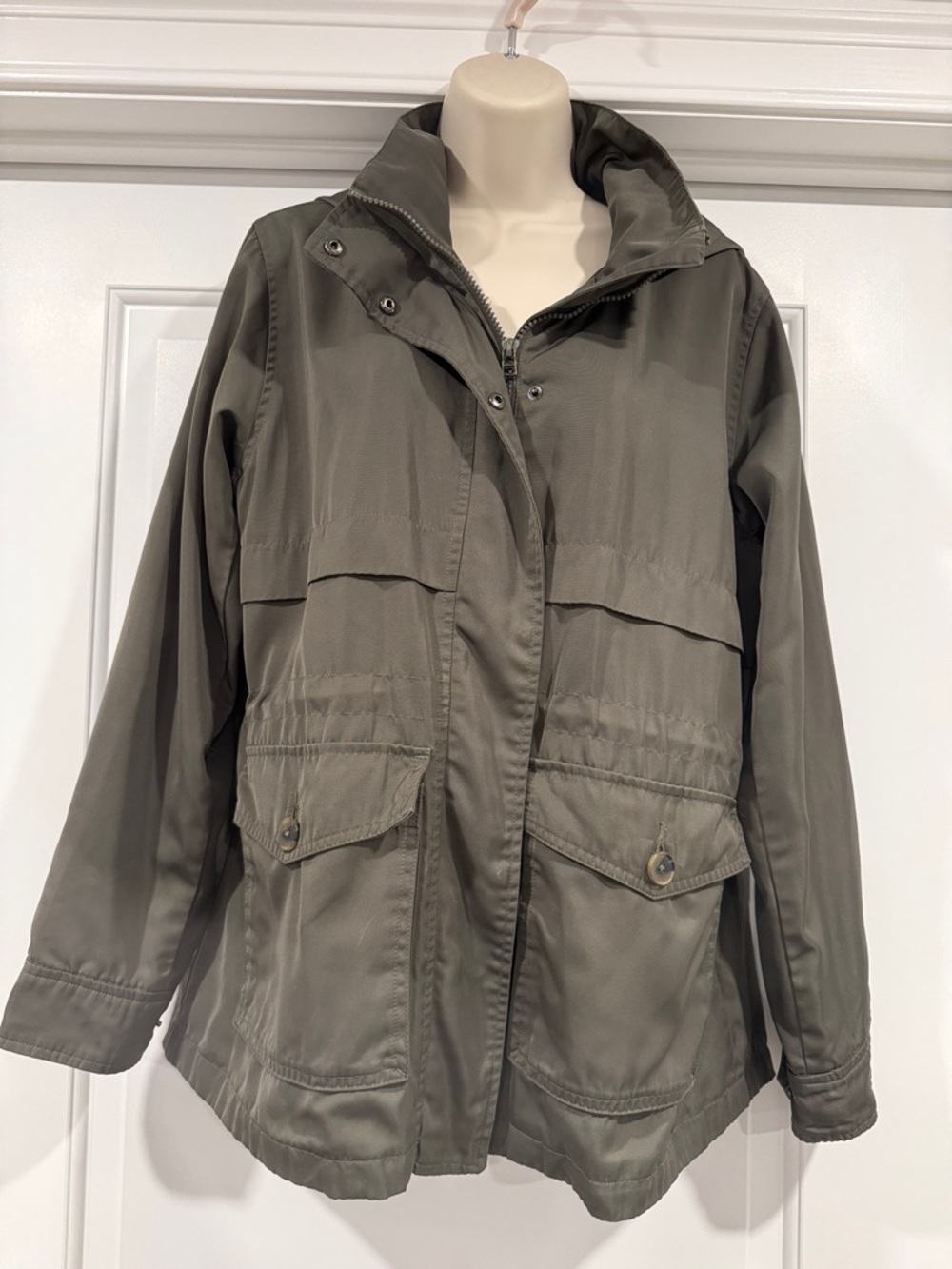 Womens Olive Utility Water Resistant Jacket - Lightweight Hooded Coat